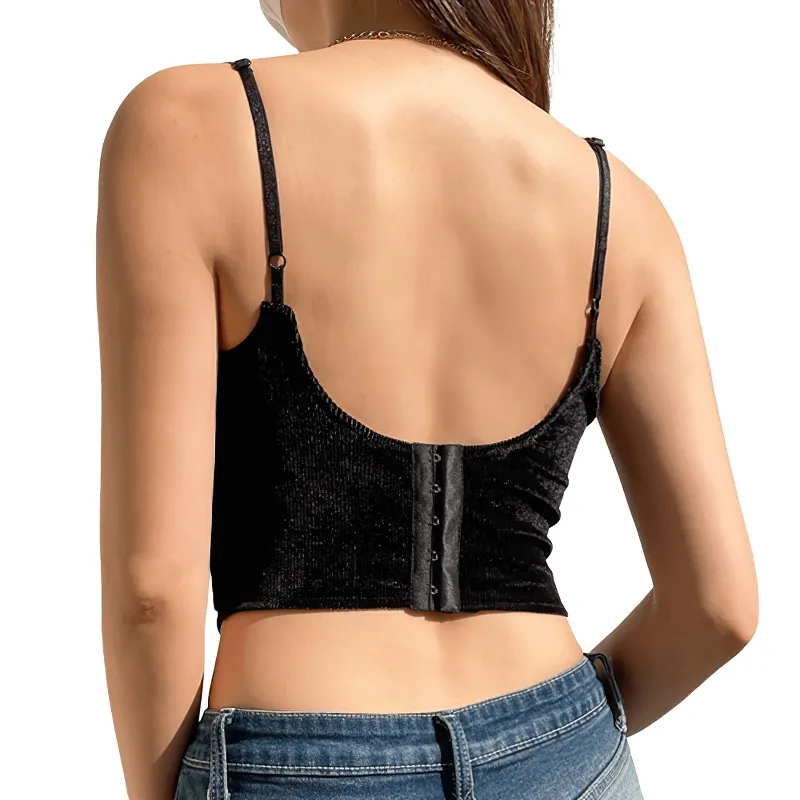 Aesthetic Black Velour Lace-up Camisole / Fashion Design Corset Top with Straps