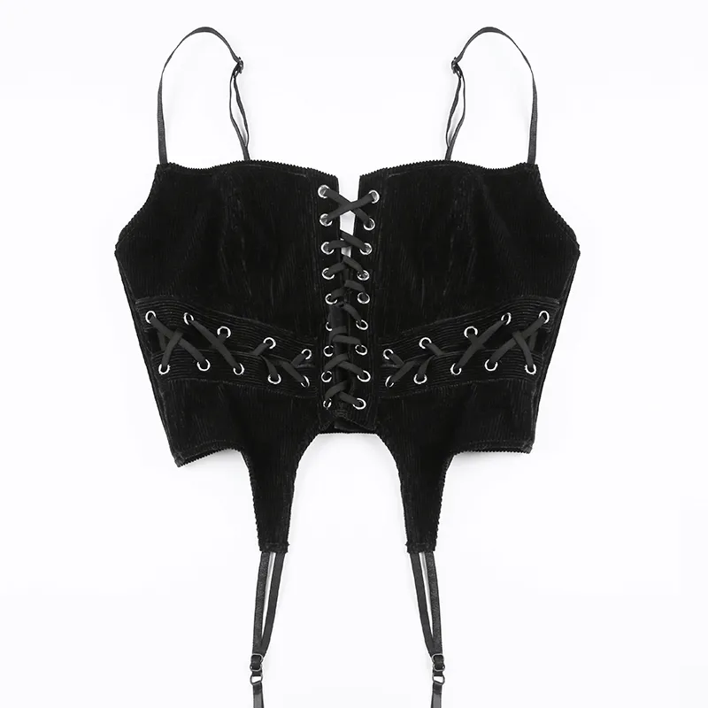 Aesthetic Black Velour Lace-up Camisole / Fashion Design Corset Top with Straps