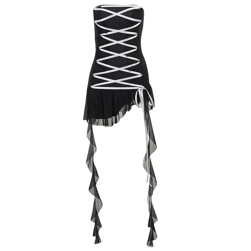 Aesthetic Gothic Dress for Women / Sexy Bandage Strapless Corset Dress in Cyberpunk Style