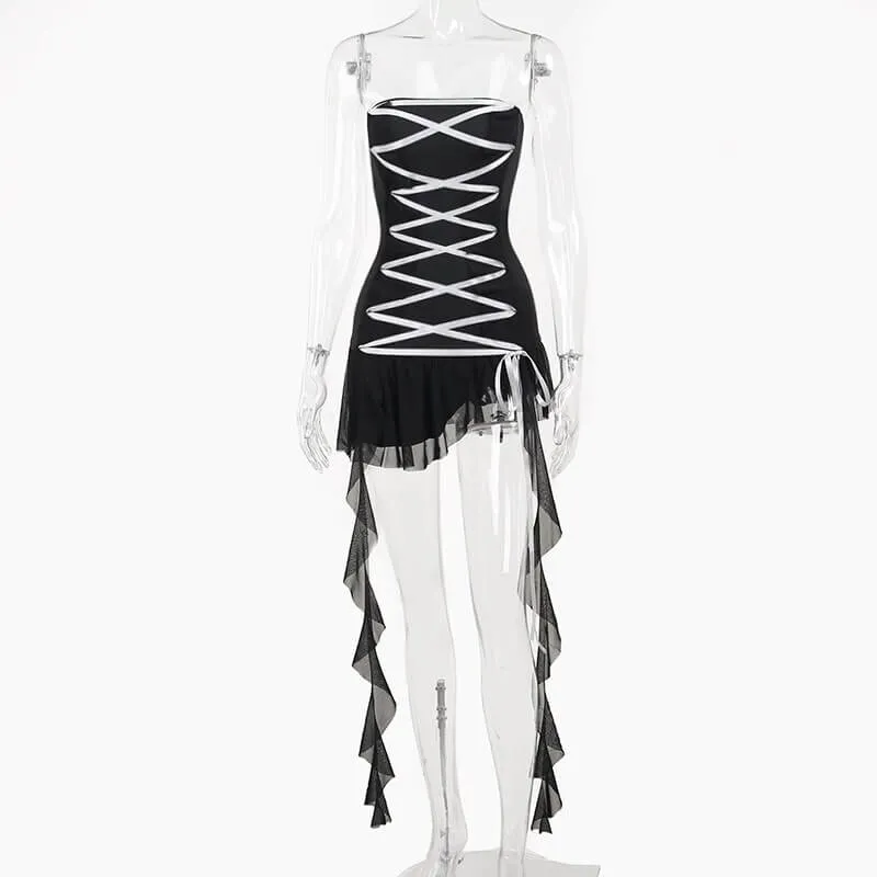 Aesthetic Gothic Dress for Women / Sexy Bandage Strapless Corset Dress in Cyberpunk Style