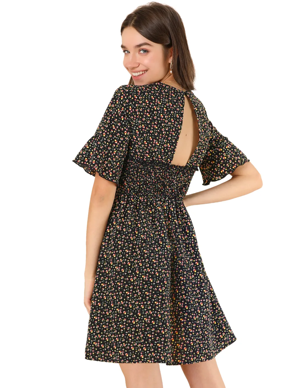 Allegra K- Smocked Waist Back Floral Dress