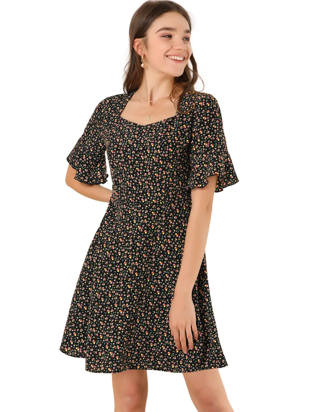 Allegra K- Smocked Waist Back Floral Dress