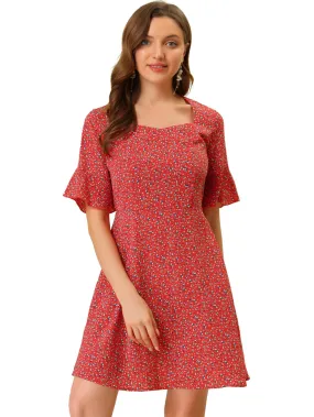 Allegra K- Smocked Waist Back Floral Dress