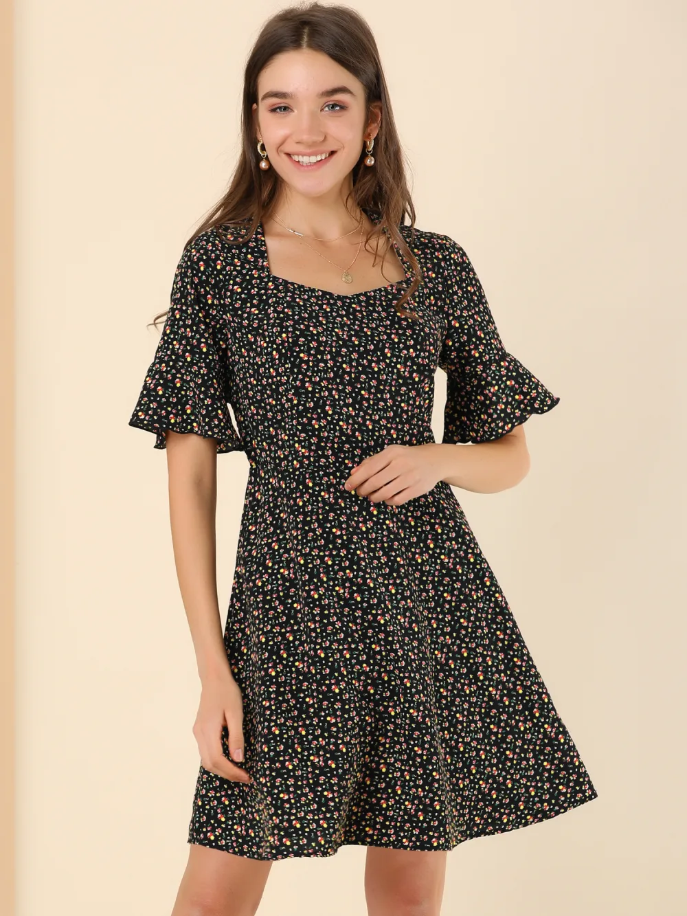 Allegra K- Smocked Waist Back Floral Dress