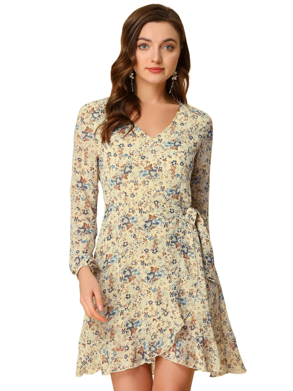 Allegra K- V-Neck Long Sleeve Ruffle Hem Mini Floral Dress