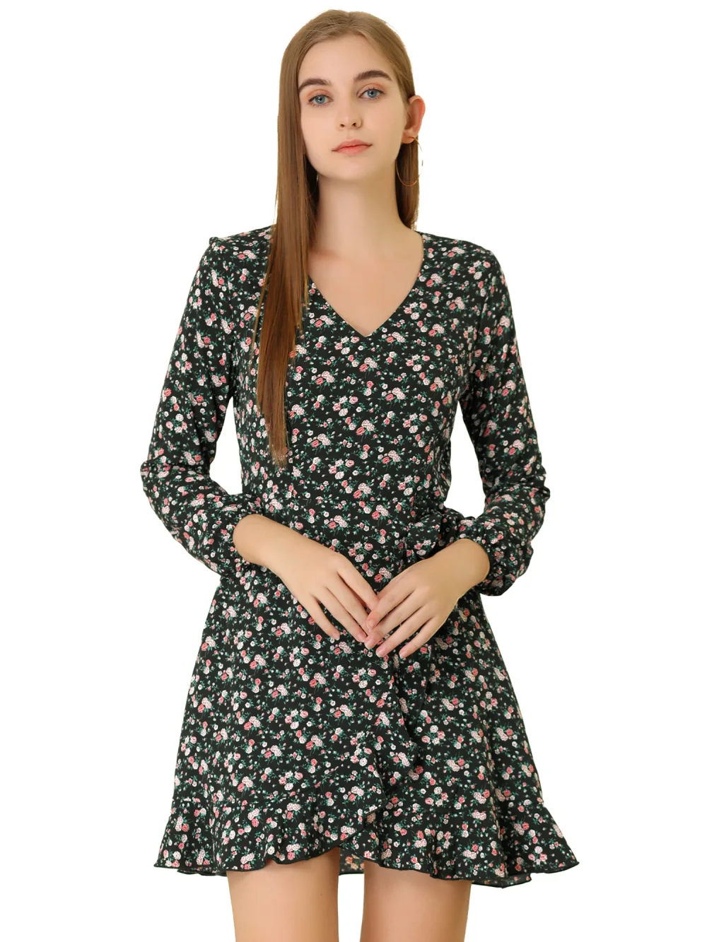 Allegra K- V-Neck Long Sleeve Ruffle Hem Mini Floral Dress