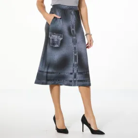      As Is Antthony Printed Denim Studio Stretch Faux Button Midi Skirt     