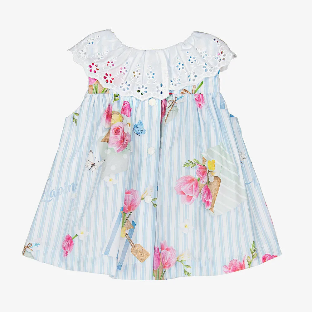 Baby Girls Blue Striped Cotton Floral Dress