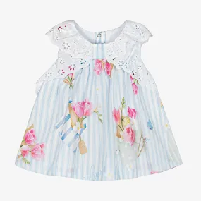 Baby Girls Blue Striped Cotton Floral Dress