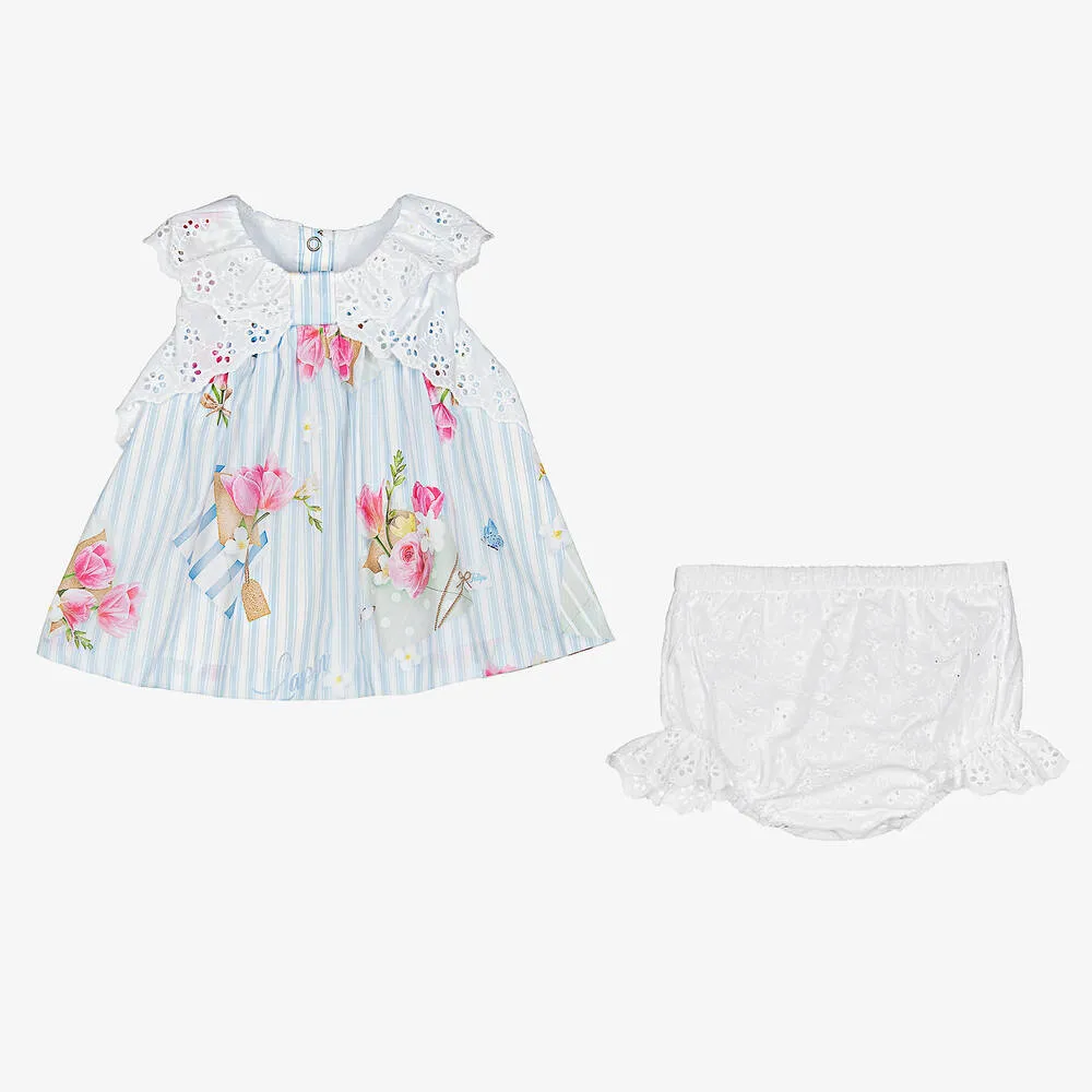 Baby Girls Blue Striped Cotton Floral Dress