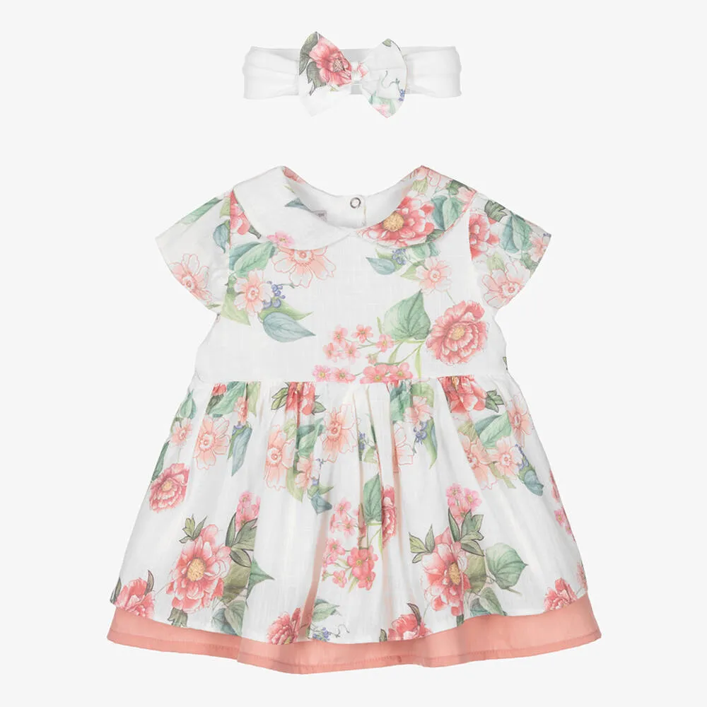 Baby Girls White & Pink Floral Dress Set