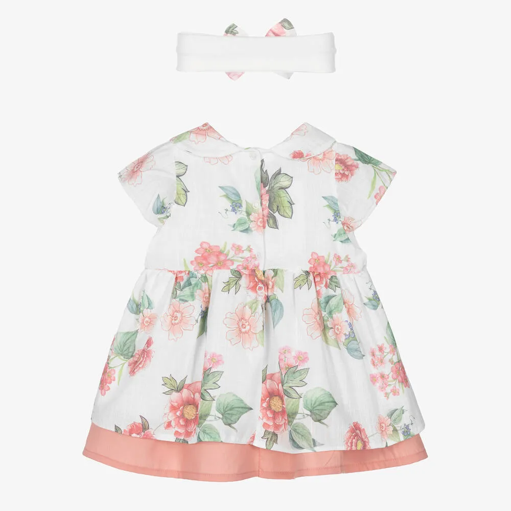 Baby Girls White & Pink Floral Dress Set