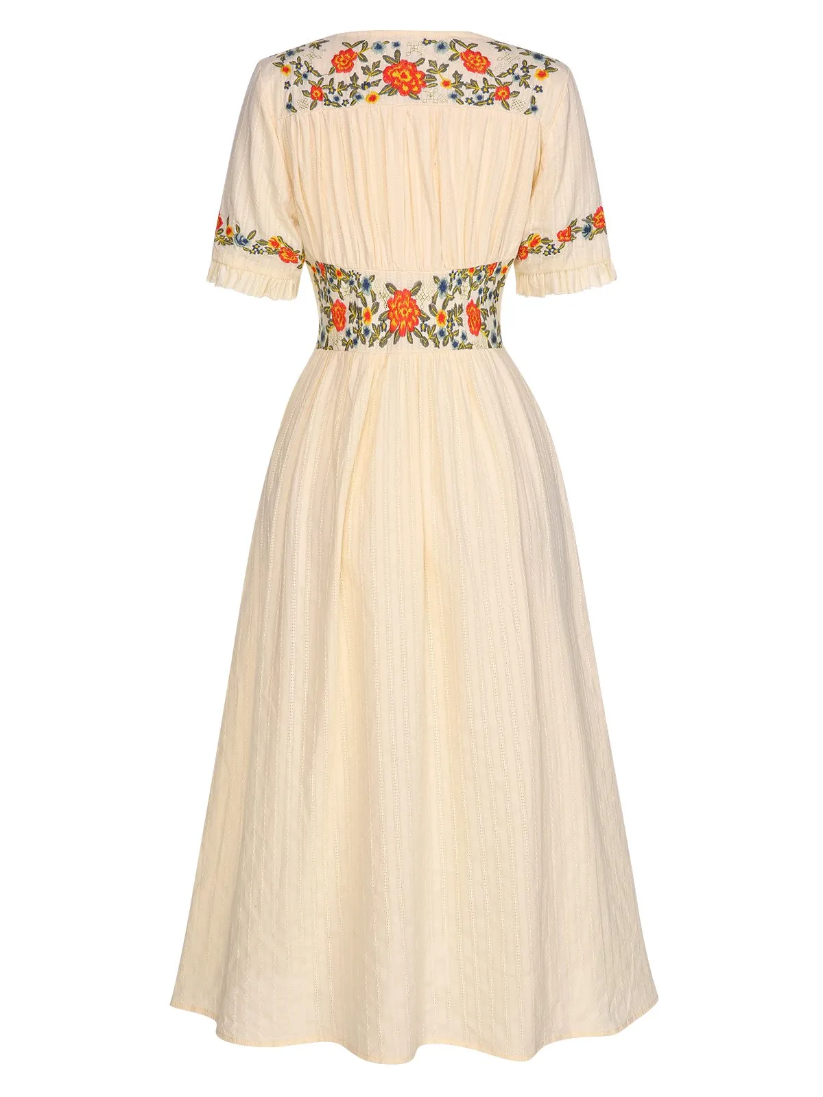 Beige 1940s V-Neck Button Floral Dress