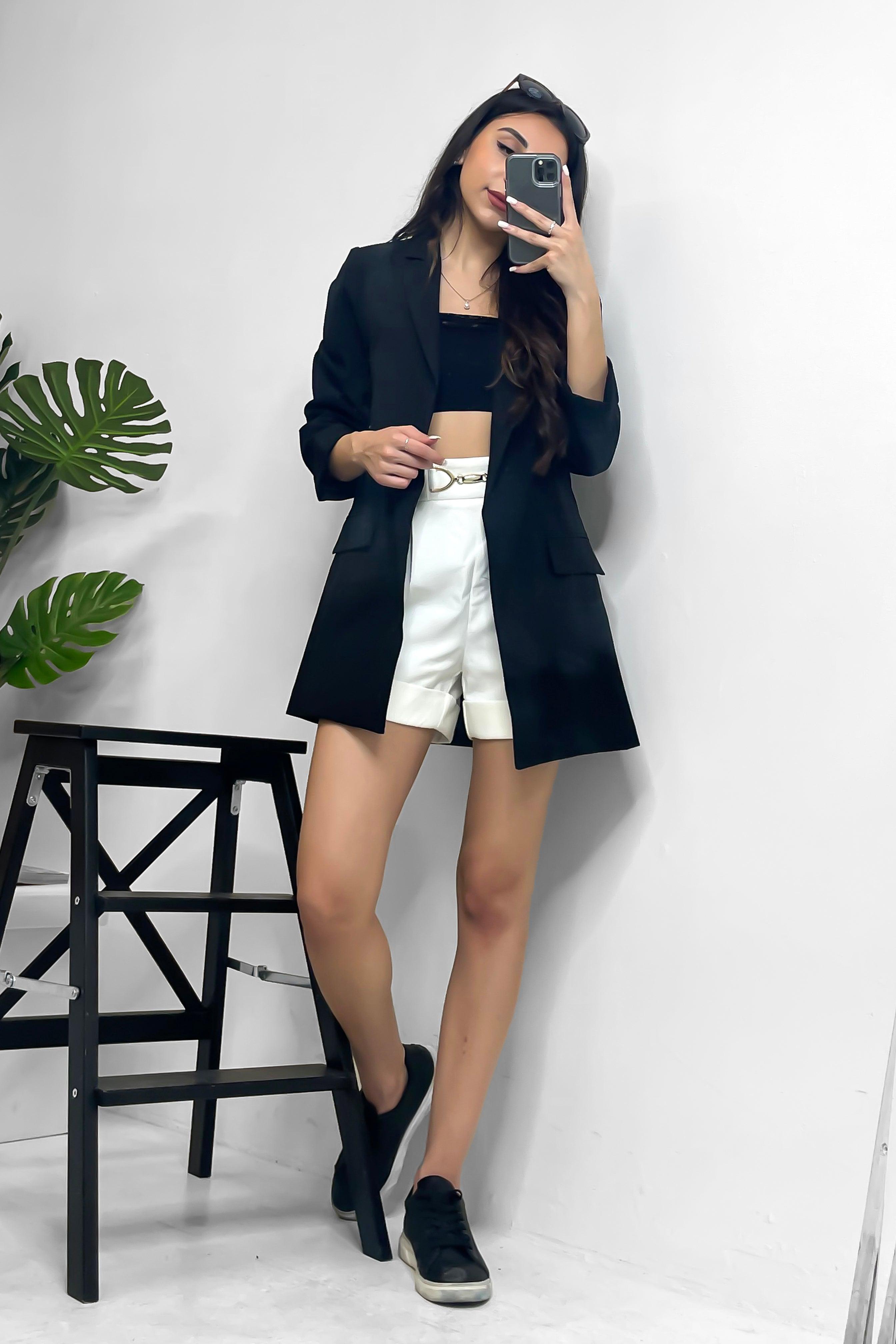 Black 3/4 Sleeve Open Front Long Blazer