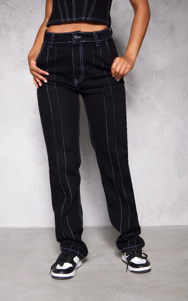 Black Contrast Seam Detail Straight Leg Jeans