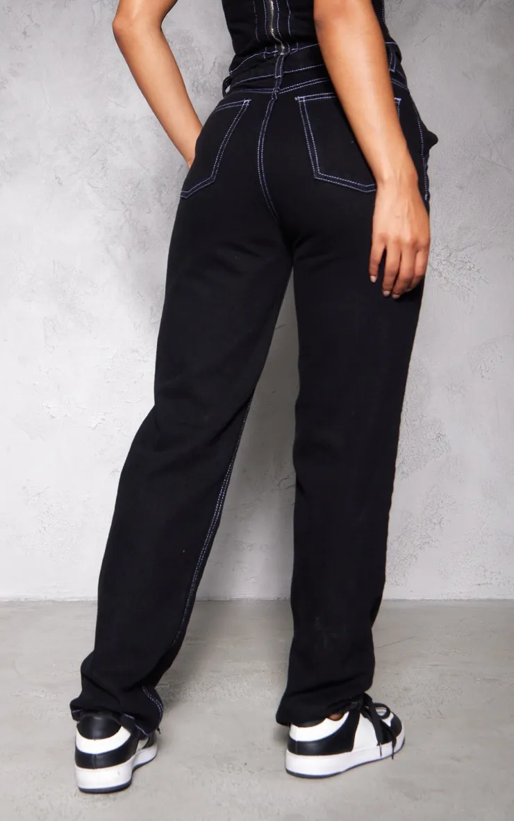 Black Contrast Seam Detail Straight Leg Jeans