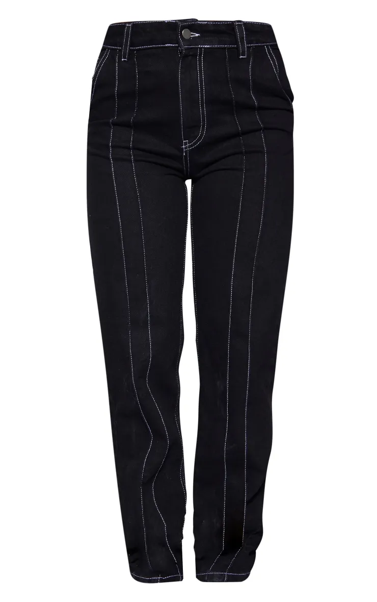 Black Contrast Seam Detail Straight Leg Jeans