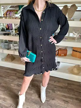 Black Crinkle Shirt Dress