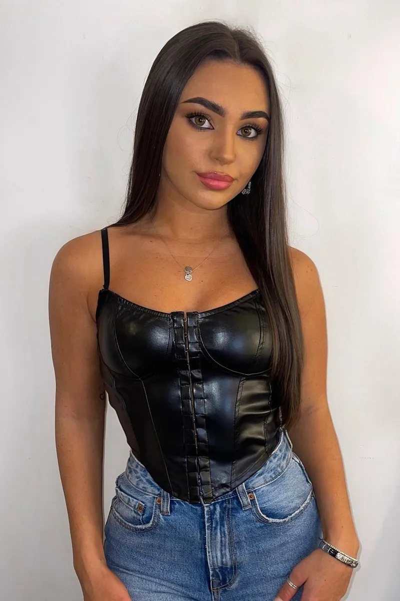 Black PU Leather Hook And Eye Corset Crop Top - Zelah