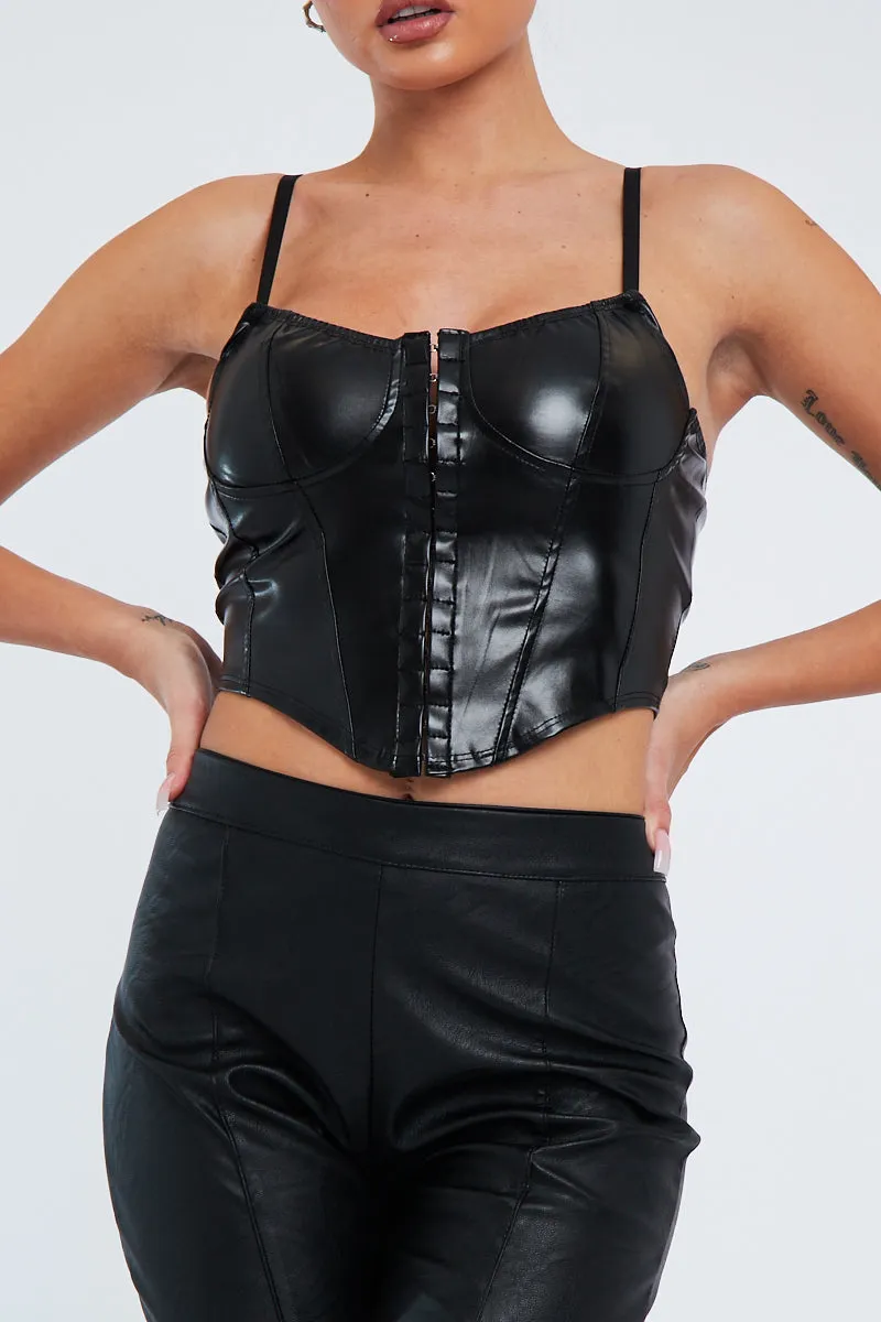 Black PU Leather Hook And Eye Corset Crop Top - Zelah