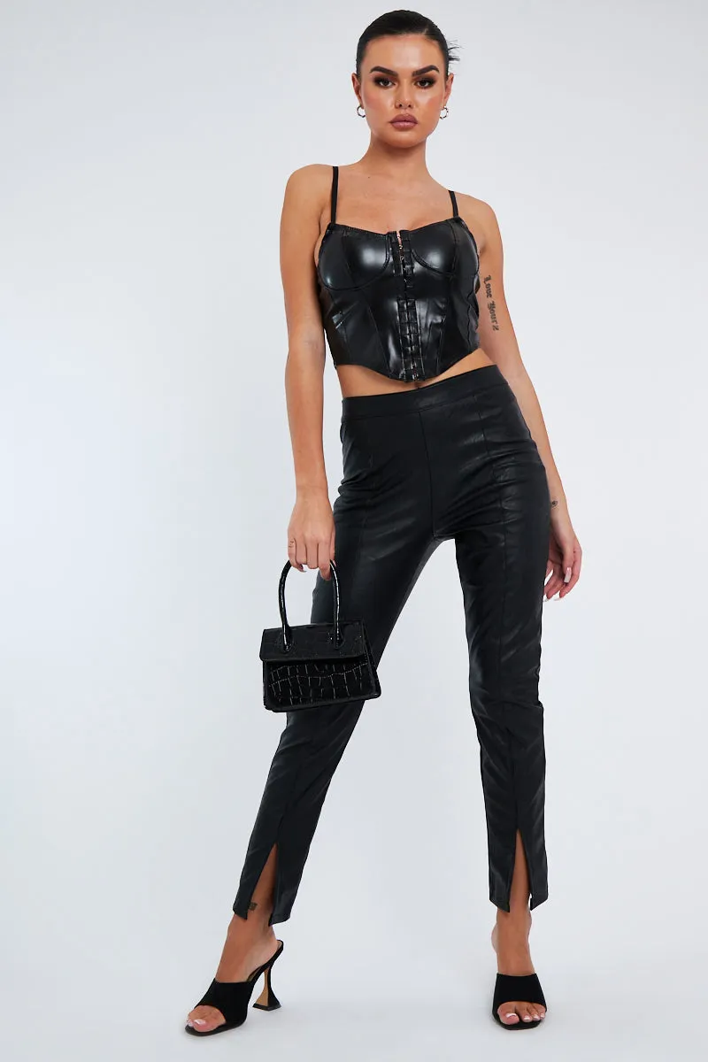 Black PU Leather Hook And Eye Corset Crop Top - Zelah