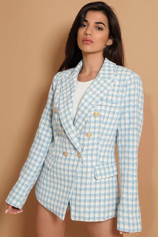 Blue Double Breasted Buckle Tweed Military Style Blazer