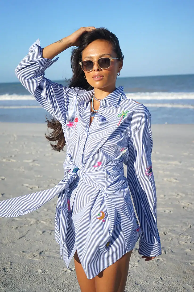 Blue Striped Sunshine Shirt Dress - One Size