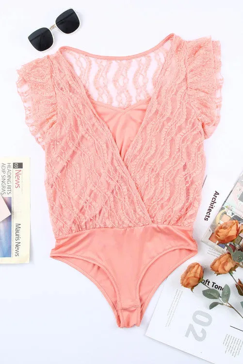 Blush Laced Ruffled V Neck Bodysuit