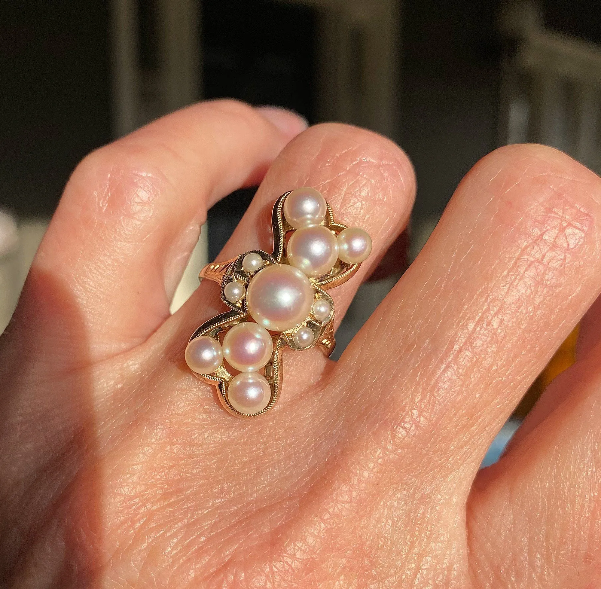 Bowtie Shape 14K Gold Akoya Pearl Cluster Ring