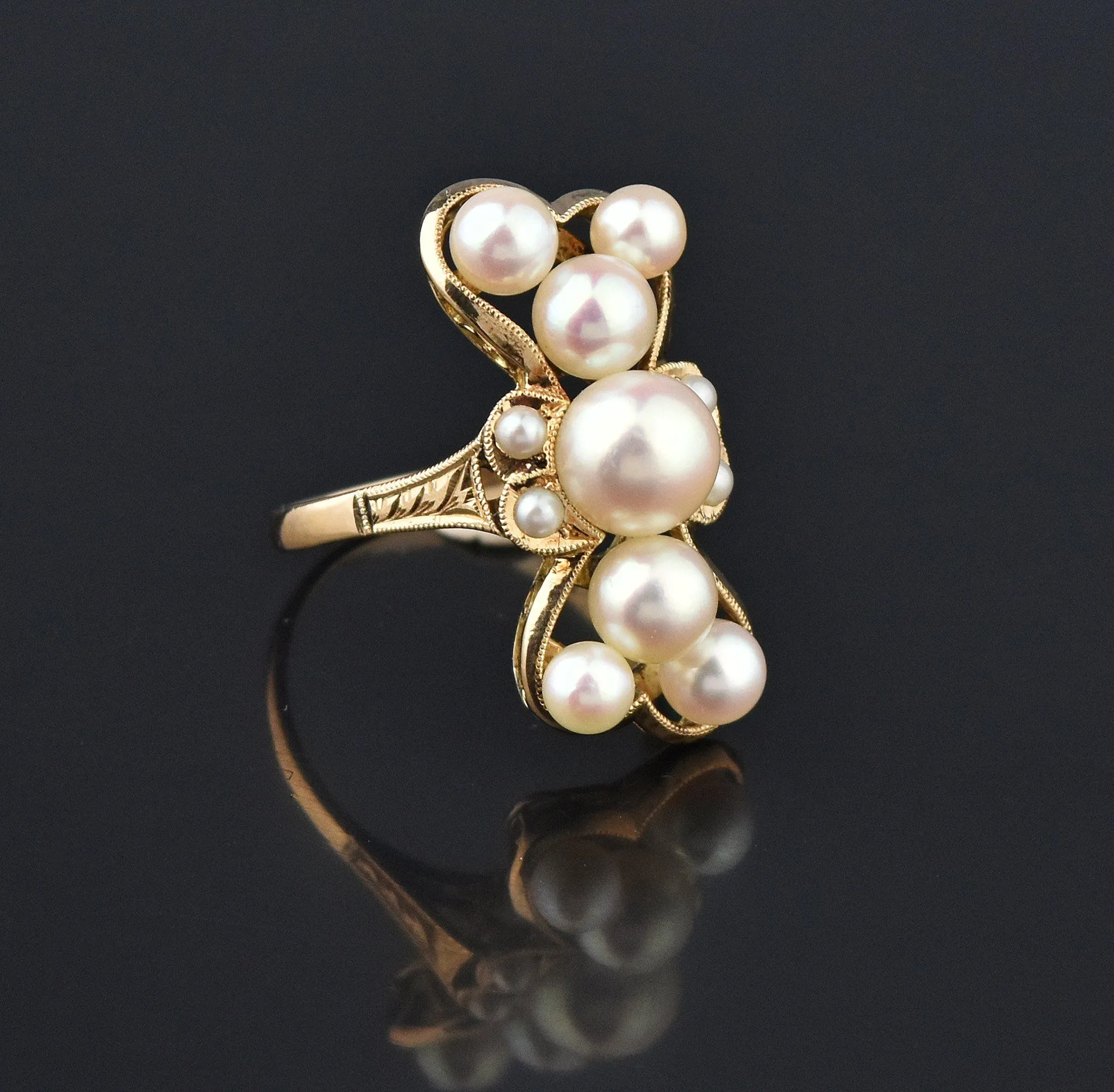 Bowtie Shape 14K Gold Akoya Pearl Cluster Ring