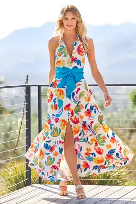 Bright Print Halter Belted Maxi Shirt Dress Multi