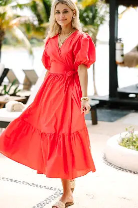 Can't Stop You Coral Red Poplin Midi Dress