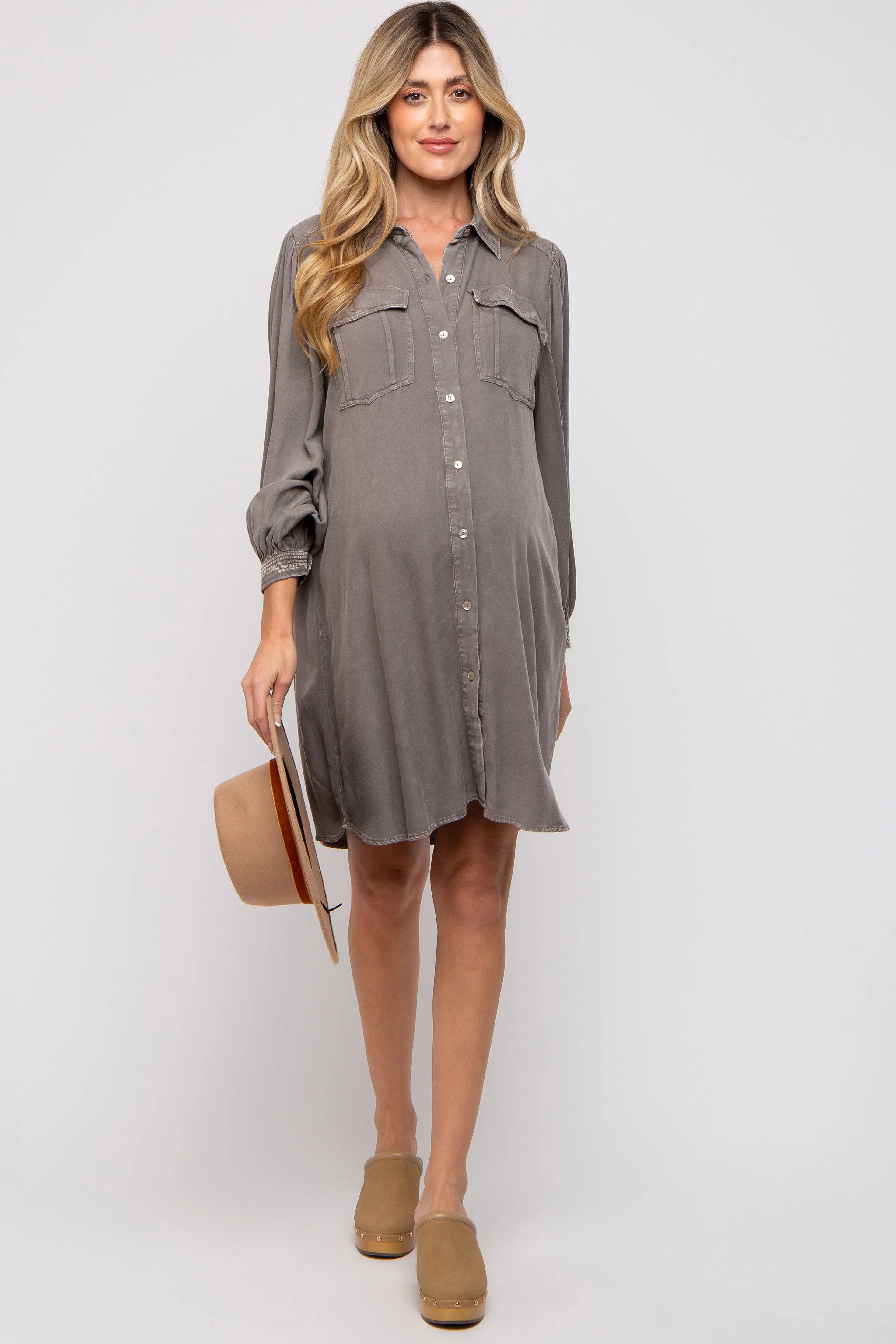 Charcoal Vintage Wash Maternity Shirt Dress