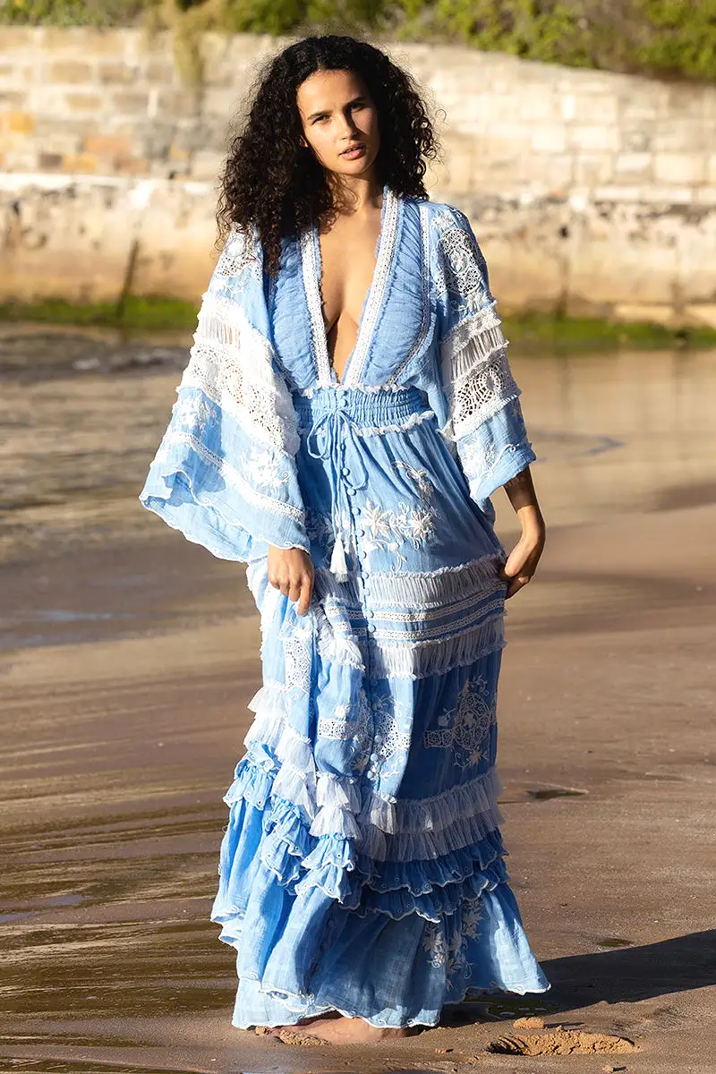 Charm Your Way - Embroidered maxi dress/duster - Rosey Tea in Cornflower Blue