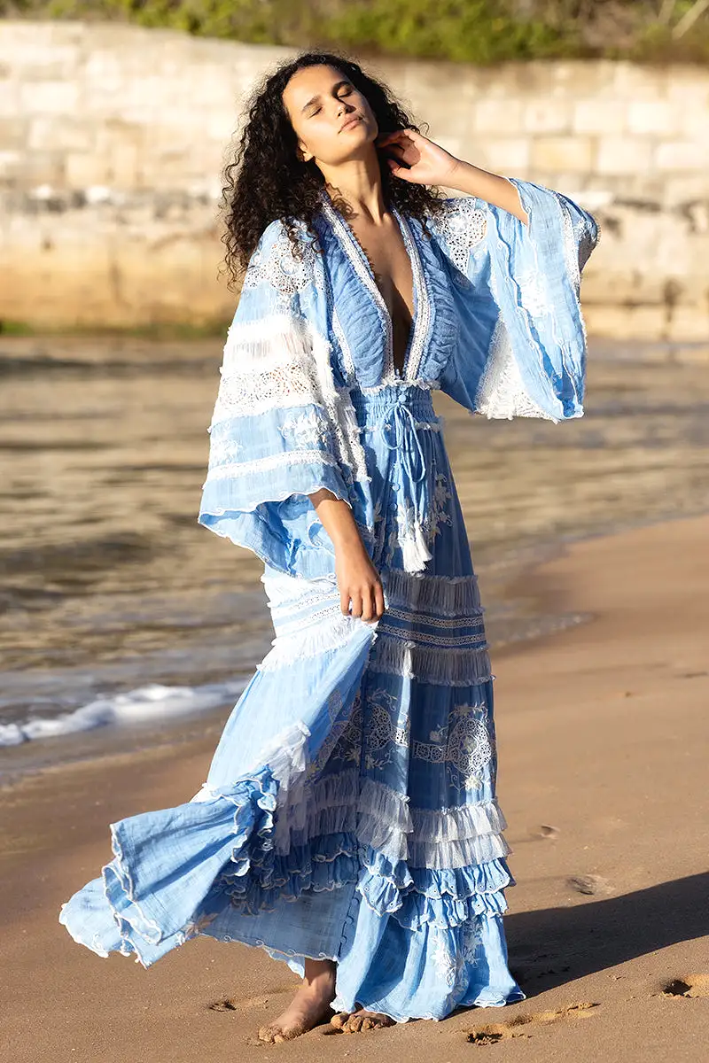 Charm Your Way - Embroidered maxi dress/duster - Rosey Tea in Cornflower Blue