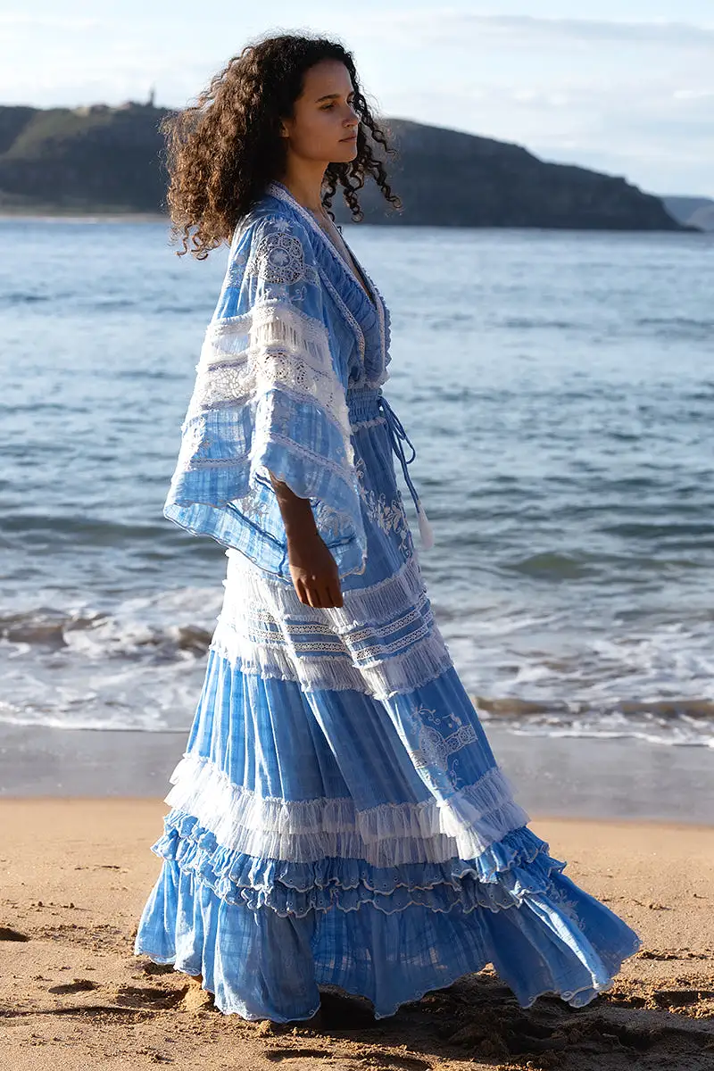 Charm Your Way - Embroidered maxi dress/duster - Rosey Tea in Cornflower Blue