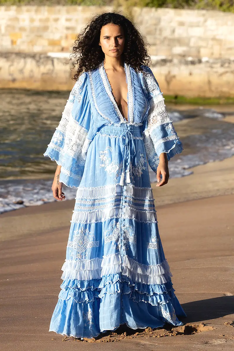 Charm Your Way - Embroidered maxi dress/duster - Rosey Tea in Cornflower Blue