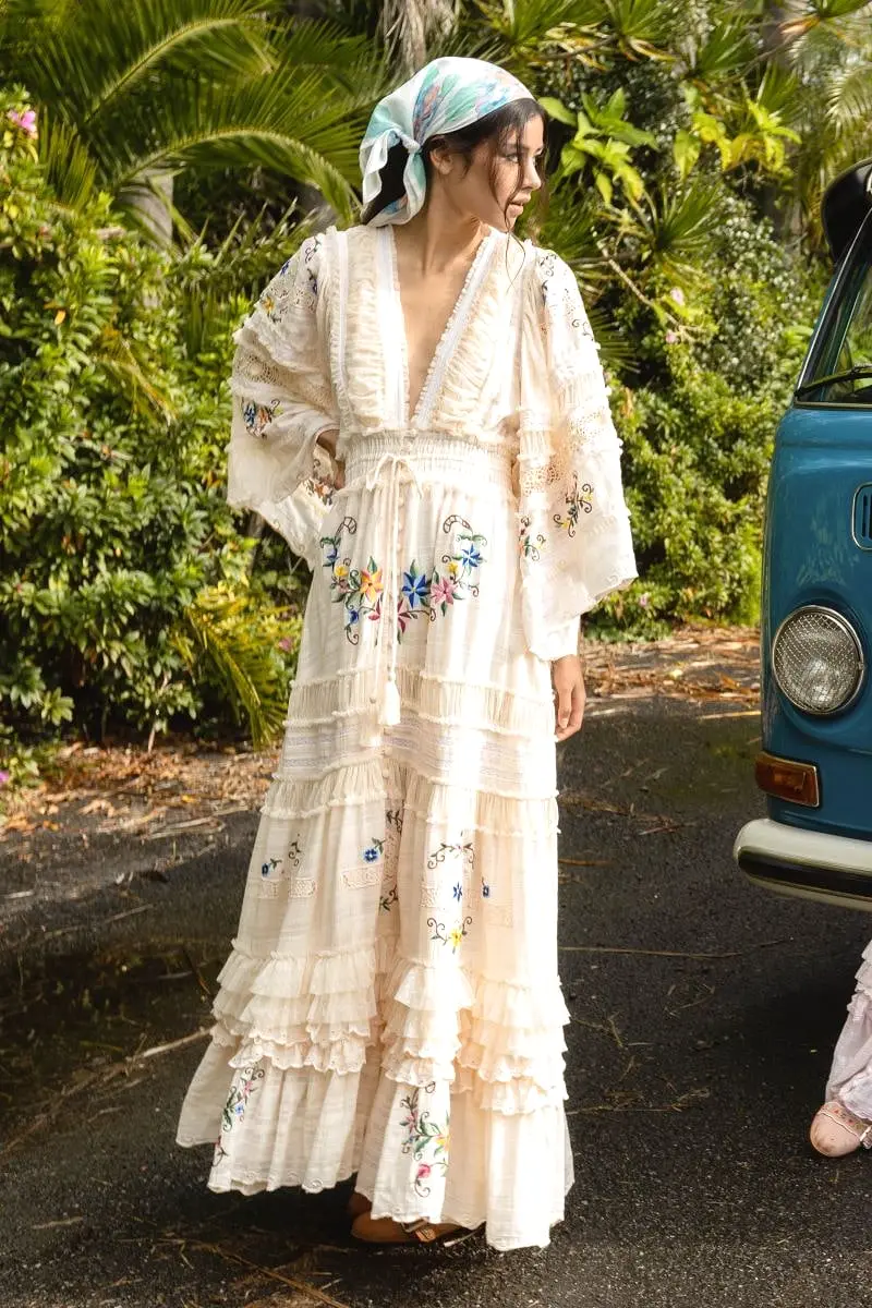 Charm Your Way - Embroidered maxi dress/duster - Rosey Tea in Ecru