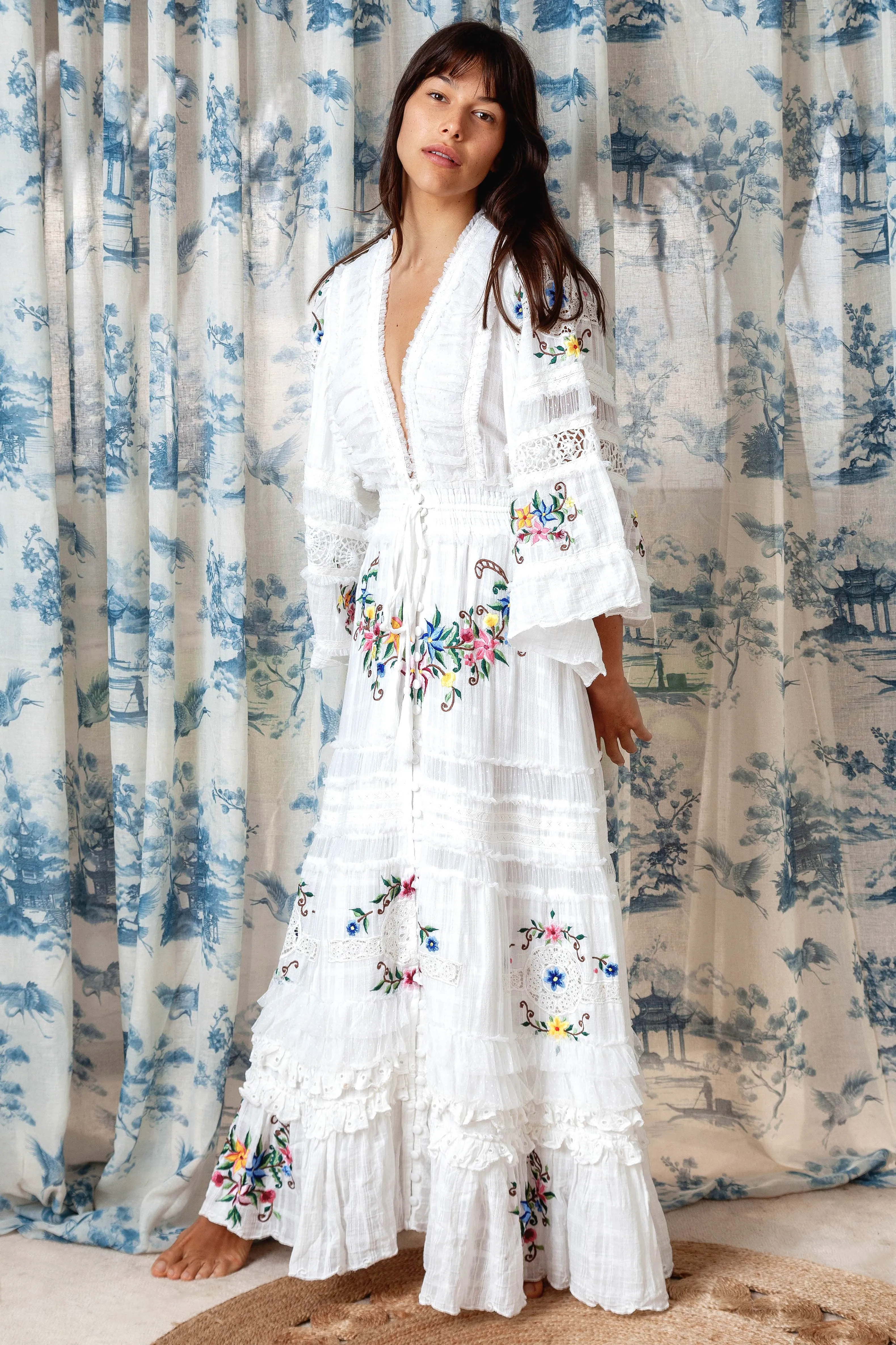 Charm Your Way - Embroidered maxi dress/duster - Rosey Tea in Ivory