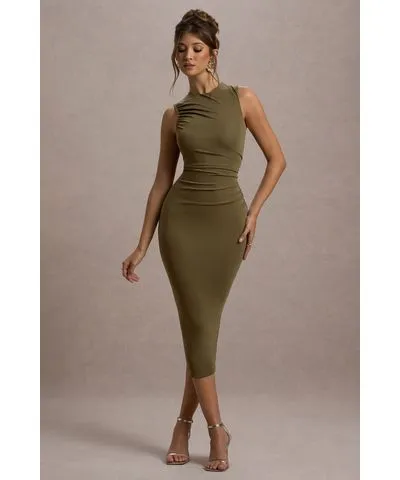 Club L London - USA Jemma | Khaki Bodycon Ruched Midi Dress