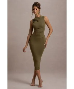 Club L London - USA Jemma | Khaki Bodycon Ruched Midi Dress