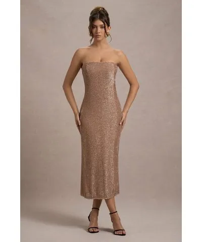 Club L London - USA Lilabelle | Rose Gold Plisse Sequin Bandeau Midi Dress