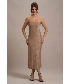 Club L London - USA Lilabelle | Rose Gold Plisse Sequin Bandeau Midi Dress