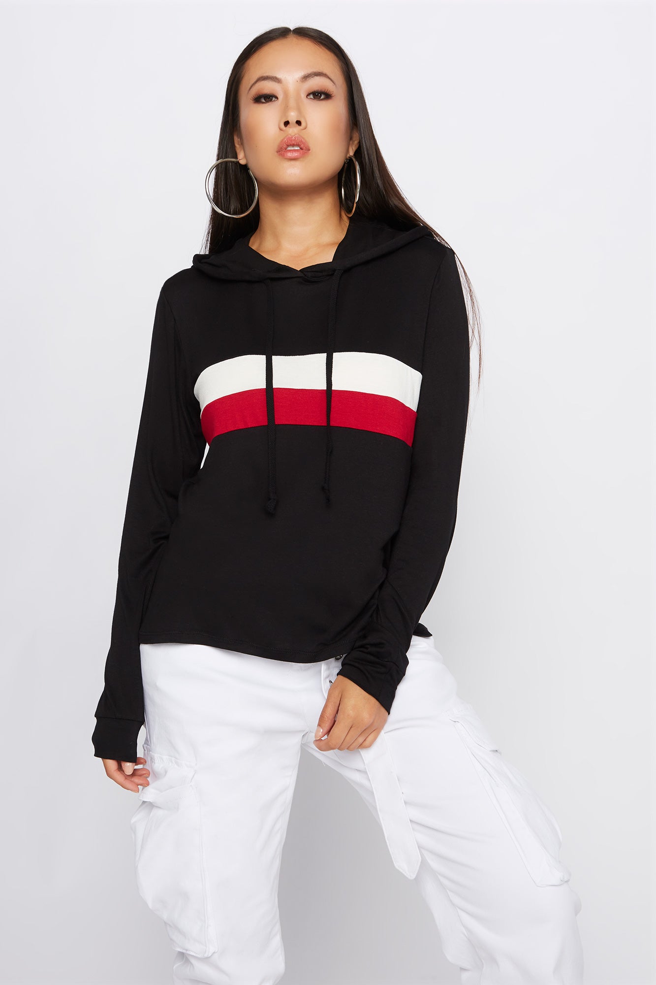 Colour Block Striped Hooded Long Sleeve