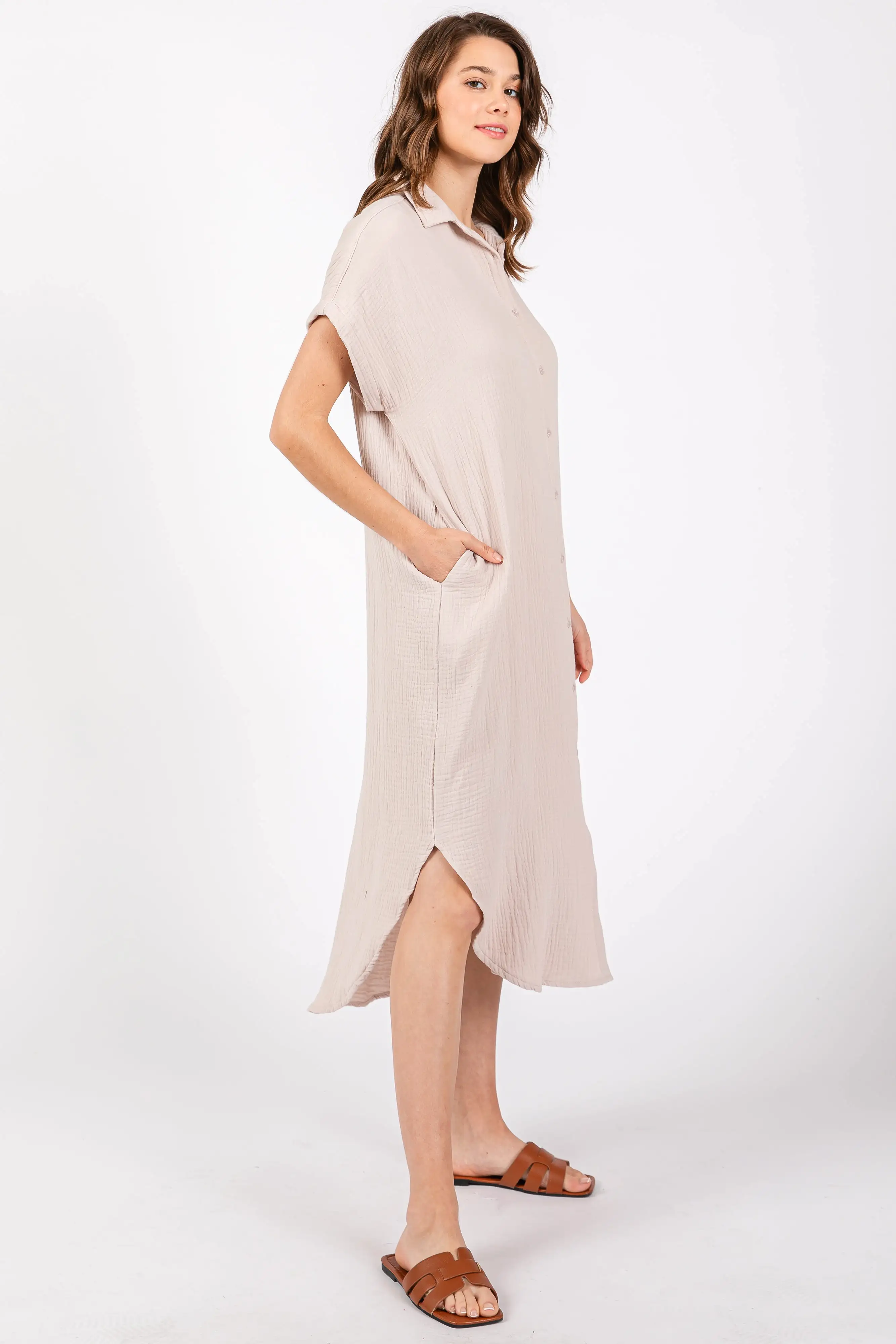 Cream Double Gauze Button Down Maxi Shirt Dress