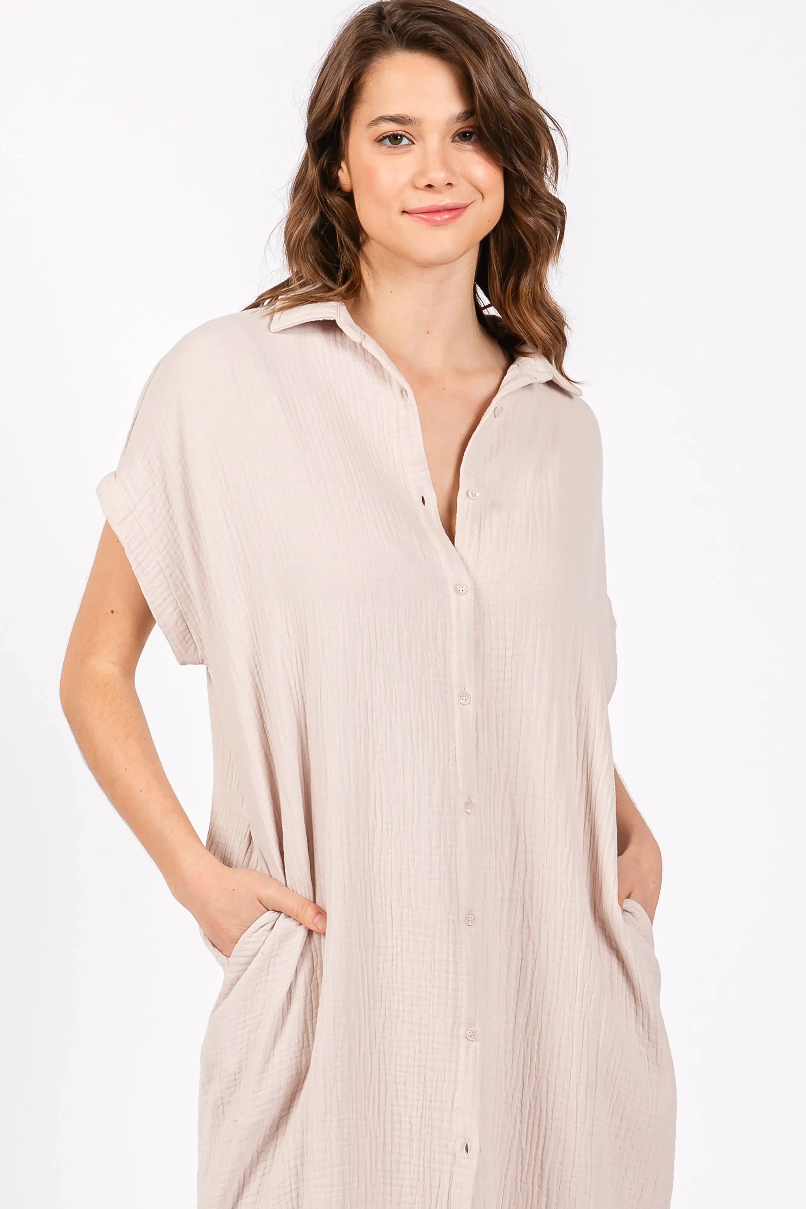 Cream Double Gauze Button Down Maxi Shirt Dress