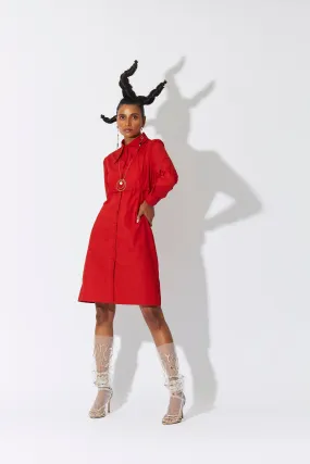 Cross Placket Shirt Dress Red