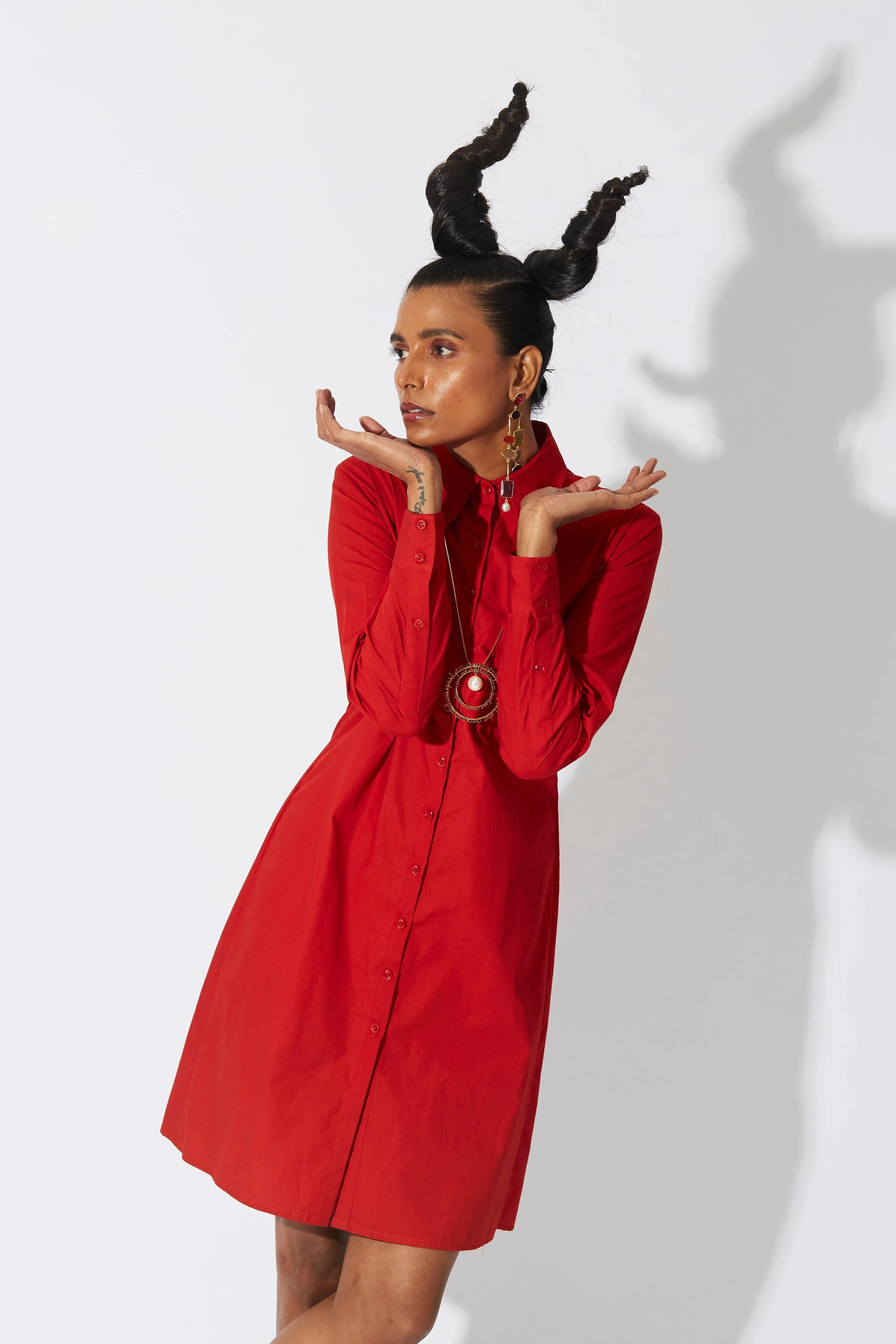 Cross Placket Shirt Dress Red