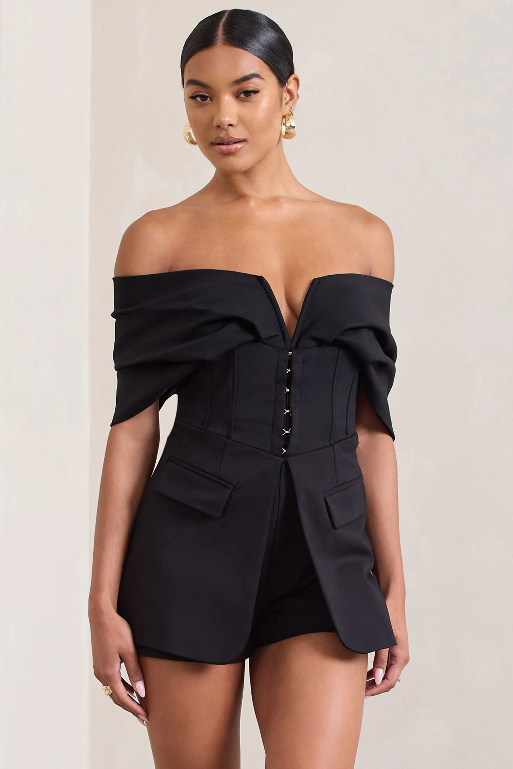 Damsel | Black Cotton-Blend Corset Bardot Playsuit