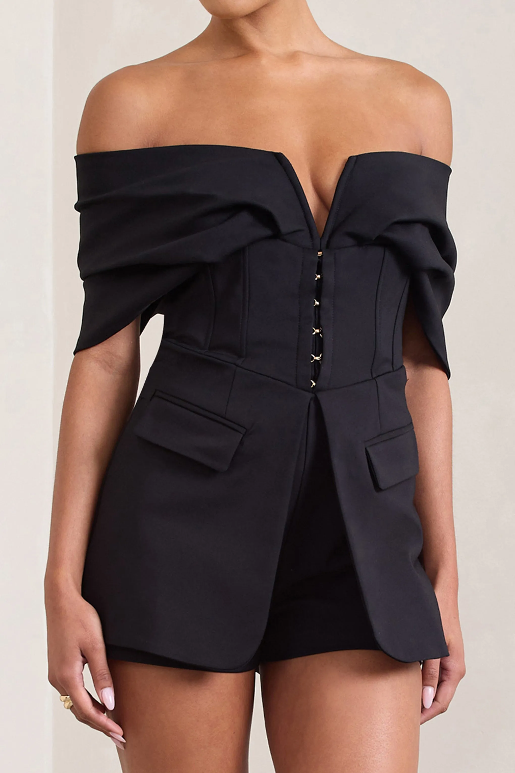 Damsel | Black Cotton-Blend Corset Bardot Playsuit